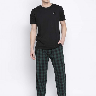 Men Green Checked Cotton Lounge Pants