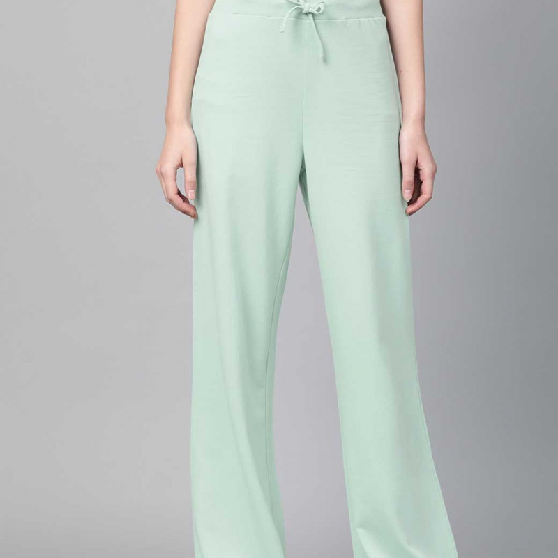 Women Mint Green Solid Wide Leg Track Pants