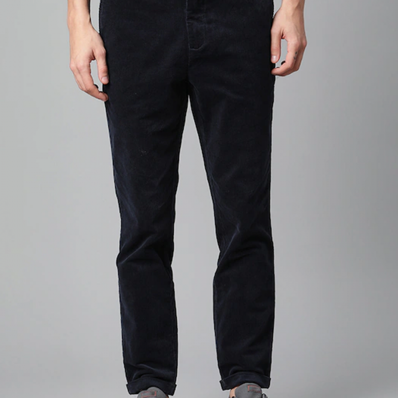 Men Navy Blue Mid Rise Corduroy Trousers