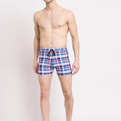 Men Blue & Pink Check Printed Swim Bottoms