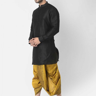 Men Yellow & Black Printed Dupion Silk Dhoti Pants