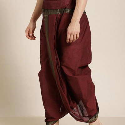 "Men Burgundy Solid Cotton Dhoti Pants "