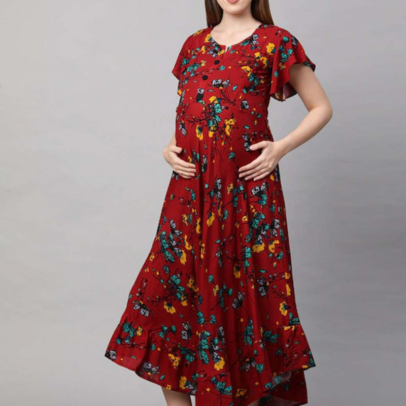 Red Floral Maternity Maxi Nursing Dress