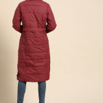 Women Maroon Longline Hooded Parka Jacket with Belt