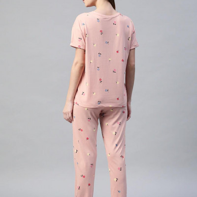 "Women Pink & Navy Blue Printed Night suit "